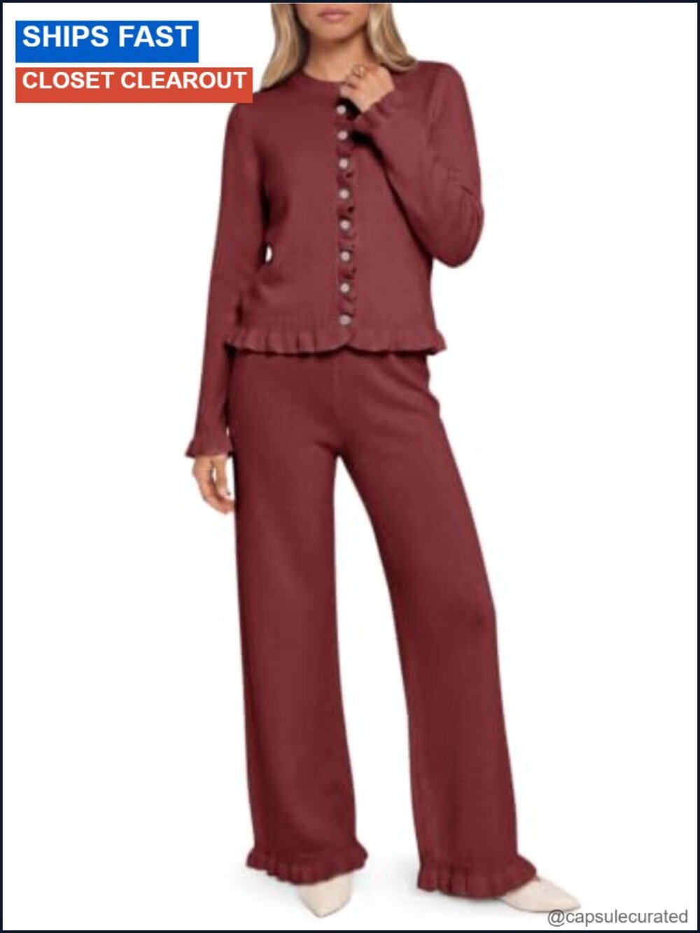 Ruffle Sweater Lounge Set Button Knit 2 Piece Outfit Wide Leg Pants